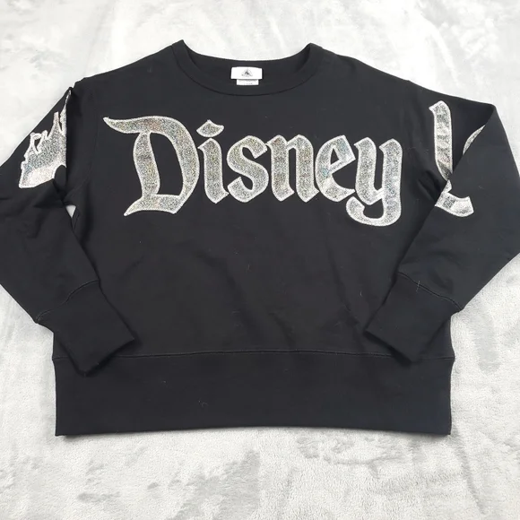 Disney Womens XS Disneyland Long Sleeve Top Black Silver Shimmer Spell Out NEW - Picture 1 of 10
